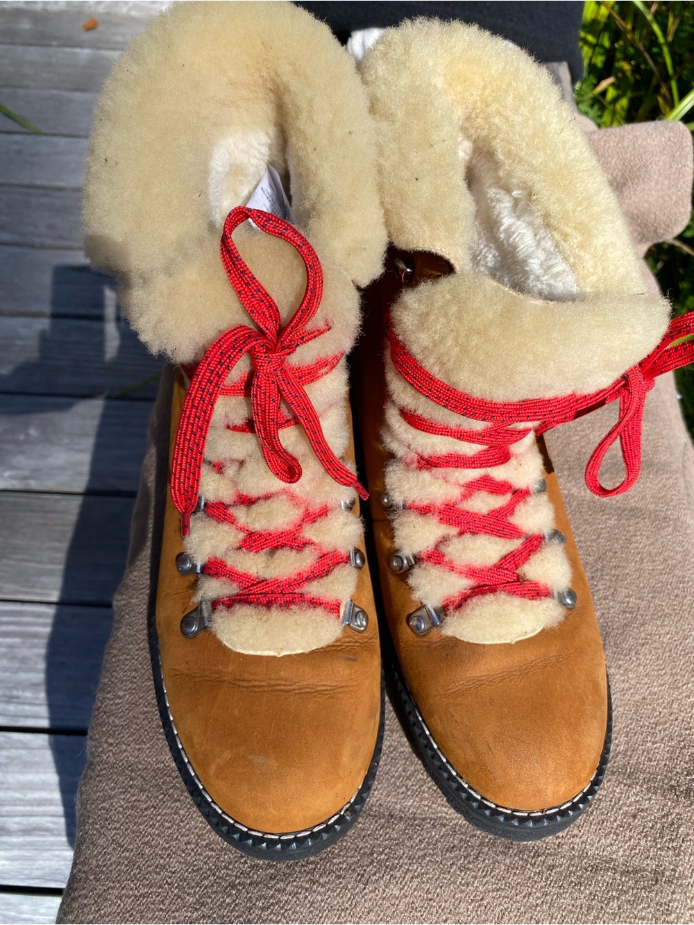 J. Crew Tan Suede Shearling-Lined Ankle Hiking Boots with Red Laces
